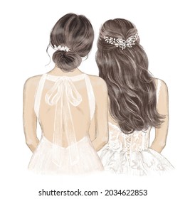 Bride And Bridesmaid On Wedding Day. Hand Drawn Illustration