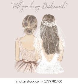 Bride and bridesmaid side by side, wedding invitation. Hand drawn illustration in vintage style