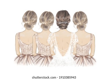 Bride with Bridesmaids in a line. Hand drawn illustration