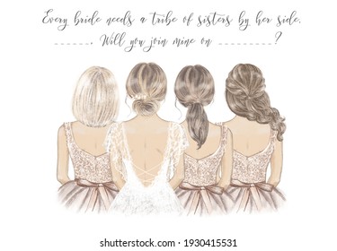 Bride with Bridesmaids in a line, hand drawn illustration