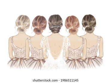 Bride with four Bridesmaids in a line, hand drawn illustration