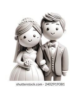 bride and groom clay dolls getting married smiling, black and white, isolated white background - Powered by Shutterstock