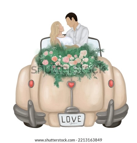 Bride and groom in retro car. Watercolor hand drawn beige retro car with flower decoration with a blond hair bride and brown hair groom. Design for wedding cards, invitations, honeymoon.
