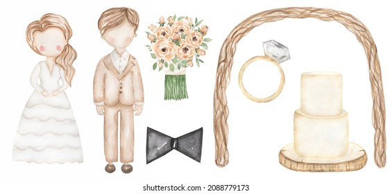 Bride and Groom Wedding Clipart set, Watercolor Wedding Cake, ceremony frame, ring and flowers bouquet illustration, Beige Florals, Save the Date PNG, Logo design, Planner Stickers - Powered by Shutterstock