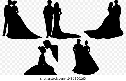 Bride and Groom in wedding dress, wedding couple, prince and princess silhouettes vector, pretty bridesmaids, wedding card - Powered by Shutterstock