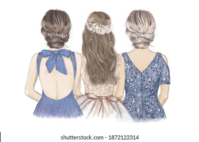Bride and her Sister   Mom side by side  Hand drawn illustration