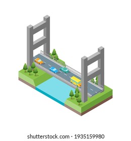 Bridge With Cars Isometric View Element Of Map Plan Concept Of Travel. Illustration