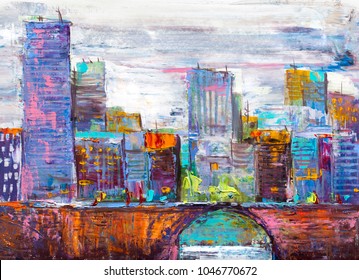 Bridge With Cityscape, Skyscrapers Panorama, Oil Painting