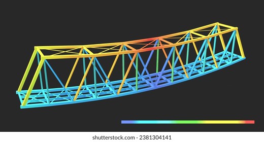Bridge engineering structural analysis results of the finite element method calculation - stress fields in a truss bridge, tension in blue, compression in red. "Dark mode" of FEM software. 