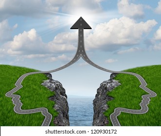 Bridge The Gap And Bridging The Differences In Two Business Partners Over A Financial Cliff To Merge For Team Success As A Strong Partnership With Two Head Shaped Roads Merging As An Upward Arrow.