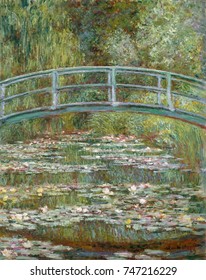 Bridge over a Pond of Water Lilies, by Claude Monet, 1899, French impressionist oil painting. In the summer of 1899 Monet completed 12 canvases of the wooden footbridge over the lily pond at Giverny
