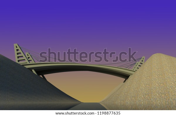 Bridge over the river\
architectural model 3D illustration 2. on gradient sky background.\
Collection.