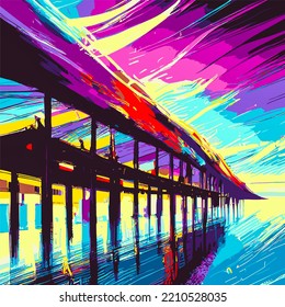 Bridge over the sea and brush stroke painting  Watercolor art background vector  Wallpaper design and paint brush   purple line art