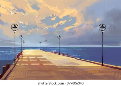 Bridge To The Sea Against Beautiful Sky,illustration Painting