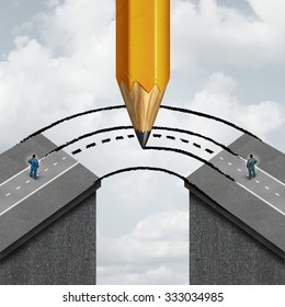 Bridging The Gap Business Partnership Concept As A Giant Pencil Drawing A Joining Path To Connect Divided Businessmen As A Cooperation Symbol Of Support To Help In Joining Separate Partners.