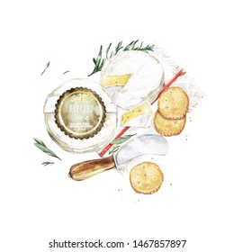 Brie Cheese With Knife And Crackers. Watercolor Illustration