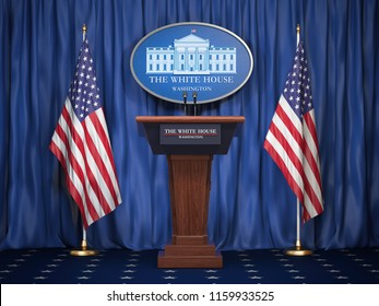 Briefing of president of US United States in White House. Podium speaker tribune with USA flags and sign of White Houise. Politics concept. 3d illustration