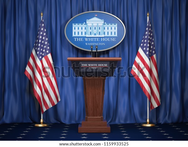 Briefing of president of US United States\
in White House. Podium speaker tribune with USA flags and sign of\
White Houise. Politics concept. 3d\
illustration