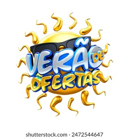 A bright 3D graphic promoting summer offers, with a sun wearing sunglasses and the text 'Verão de Ofertas' in cheerful colors Ideal for summer sales and promotions - Powered by Shutterstock