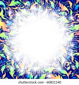 bright abstract explosion over multicolored floral elements, copyspace