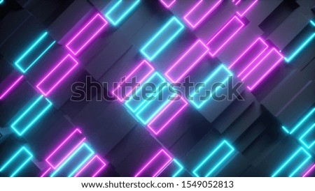 Bright abstract moving structure of rectangles with neon elements. Bright light. Modern orange blue color spectrum. 3d illustration