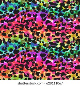 Bright Animal Spots Over Watercolor Rainbow Background ~ Seamless Background