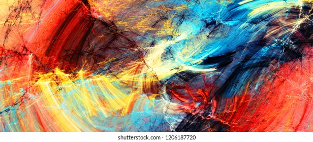 Bright Artistic Splashes. Abstract Painting Color Texture. Modern Futuristic Pattern. Multicolor Dynamic Background. Fractal Artwork For Creative Graphic Design