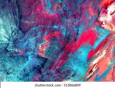 Bright Artistic Splashes. Abstract Painting Color Texture. Modern Futuristic Pattern. Blue And Pink Dynamic Background. Fractal Artwork For Creative Graphic Design