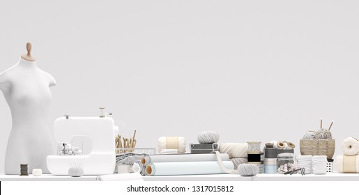 Bright atelier studio closeup with various sewing items, fabrics and mannequin on table, 3d render