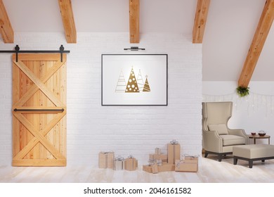 Bright Attic Interior At Christmas Time With A Horizontal Poster On A White Brick Wall, A Wooden Door, Ceiling With Wooden Beams, Holiday Gifts, A Cozy Armchair, And Pouf In The Background. 3d Render