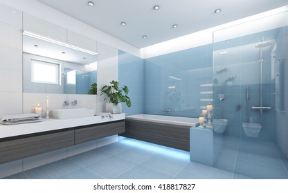 Bright Bathroom In Blue With Candles 3d Rendering