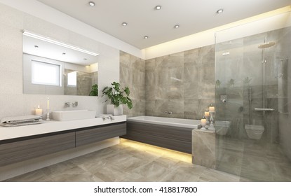 Bright Bathroom In Grey With  Candles 3d rendering