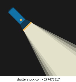 Bright beam of flashlight or pocket torch in darkness. Flat style