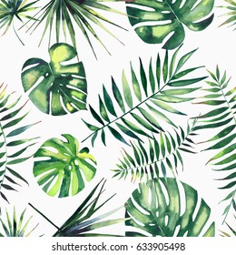 Bright beautiful green herbal tropical wonderful hawaii floral summer pattern of a tropic palms watercolor hand illustration