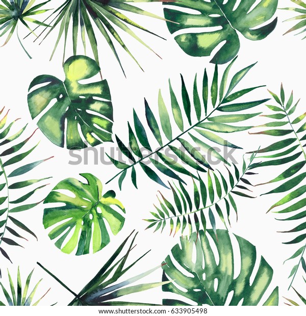 明るい緑のハーブの熱帯の素晴らしいハワイの花柄の夏の模様で 熱帯のヤシの水彩色の手描きのイラスト のイラスト素材