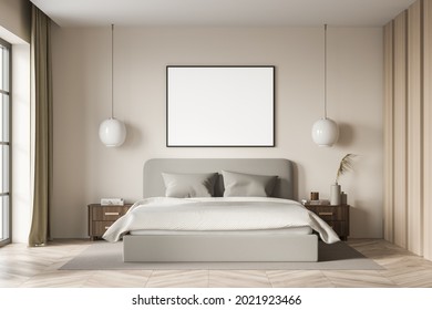 Bright bedroom interior with empty white poster, large bed, pillows, two closet, wardrobe, panoramic window and oak wooden parquet. Concept of minimalist design for chill. Mock up. 3d render