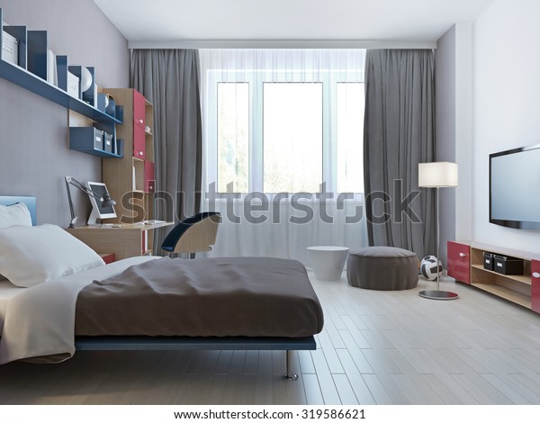 Bright Bedroom Minimalist Style Single Bed Stock Illustration 319586621