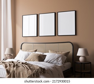 Bright Bedroom Mockup, Rattan Wooden Bed In A Beige Background, Poster Frame Mock Up In A Neutral Colors Room Interior, 3d Render, 3d Illustration