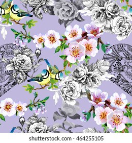 Bright birds on branches with black and white roses flowers ink hand drawn illustration, seamless pattern on violet background
