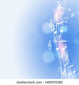 bright blue background with music notes and lights