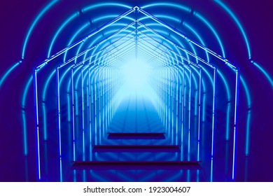 Bright blue color podium portal with neon lights. 3d render