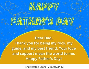 A bright blue Father's Day card with yellow text saying "HAPPY FATHER'S DAY" and a heartfelt message to Dad on an orange background. - Powered by Shutterstock