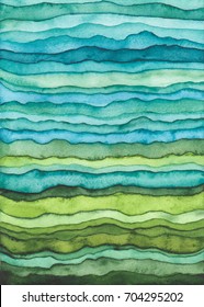 Bright Blue And Green Waves. Hand Drawn Stripped Watercolor Background