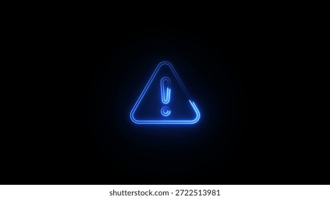 A bright blue neon triangular warning sign with an exclamation mark in the center set against a dark background