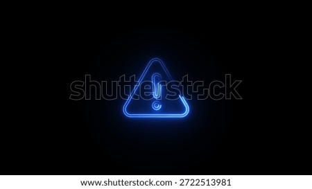 A bright blue neon triangular warning sign with an exclamation mark in the center set against a dark background