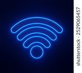 A bright blue neon Wi-Fi signal icon glowing against a dark background, representing wireless internet connectivity and technology. 3D icon, sign and symbol. 3D render illustration