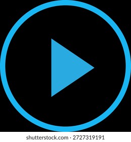 A bright blue play button, consisting of a triangle within a circular outline, is prominently displayed on a black background. It symbolizes starting media content, video, or audio playback.