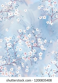 The bright blue watercolor hand-painted cherry blossom is blooming, dancing gracefully and delicate