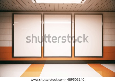 Bright brick interior with three empty banners and ceiling lamp. Front view. Mock up, 3D Rendering