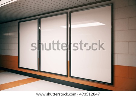Bright brick interior with three empty banners and ceiling lamp. Side view. Mock up, 3D Rendering